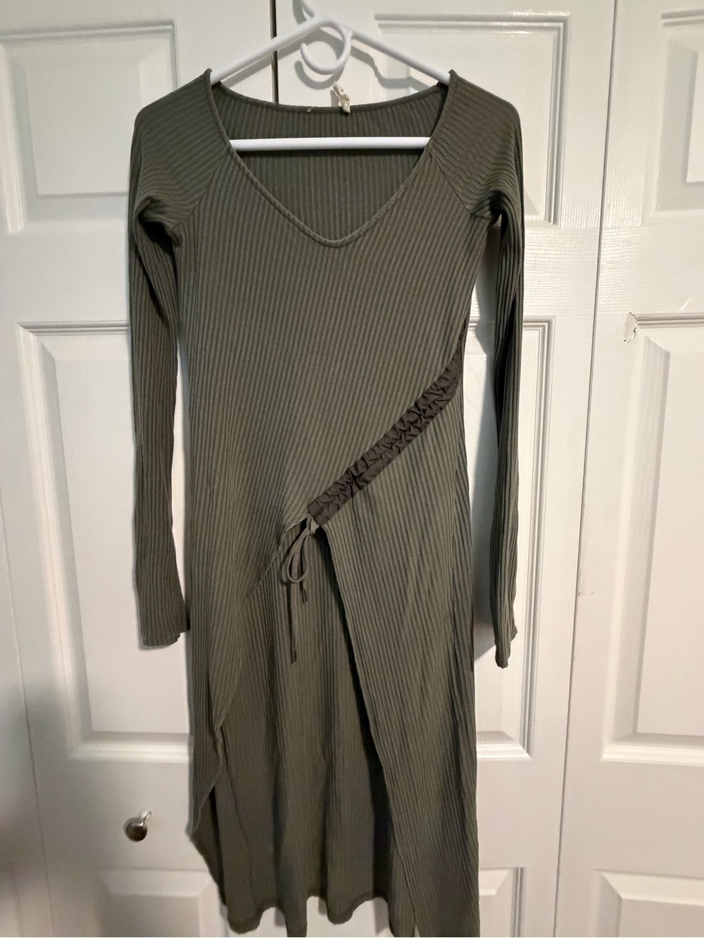 Zara Olive Green Ribbed Wrap-Detail Long Sleeve Midi Dress
